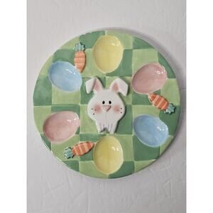 Easter Bunny 7 Carrots Egg Plate Holds 6 Eggs 7" Round Colorful Ceramic Easter